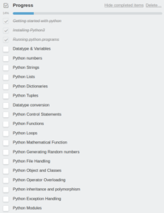 A progress checklist for Python containing the table of contents for a Python tutorial